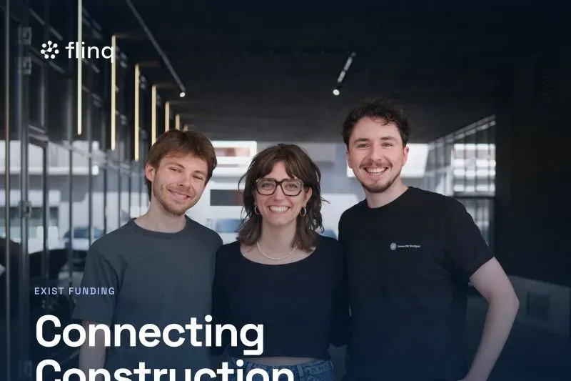 The flinq team above the headline “Connecting Construction Concepts.”, with the BMWE, European Union and EXIST funding logos below