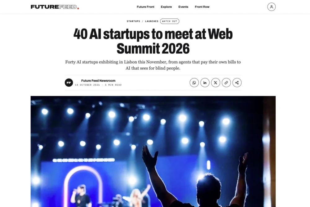 Excerpt from the futurefeed article “40 AI startups to meet at Web Summit 2026” with headline, introduction and stage photo